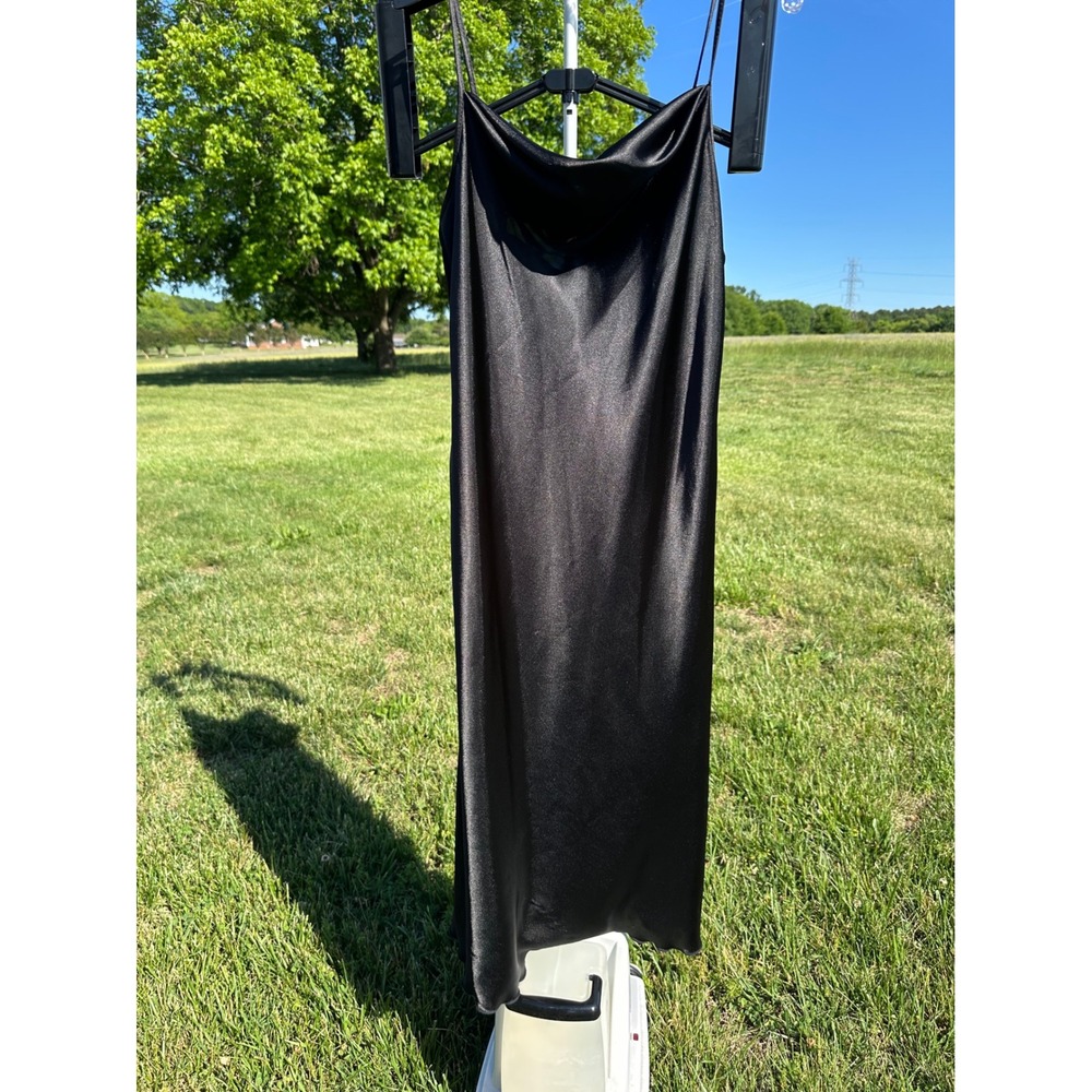 BeBe Black Satin Cowl Neck Midi Slip Dress Spaghetti Strap Minimalist LBD Size M - Picture 5 of 10